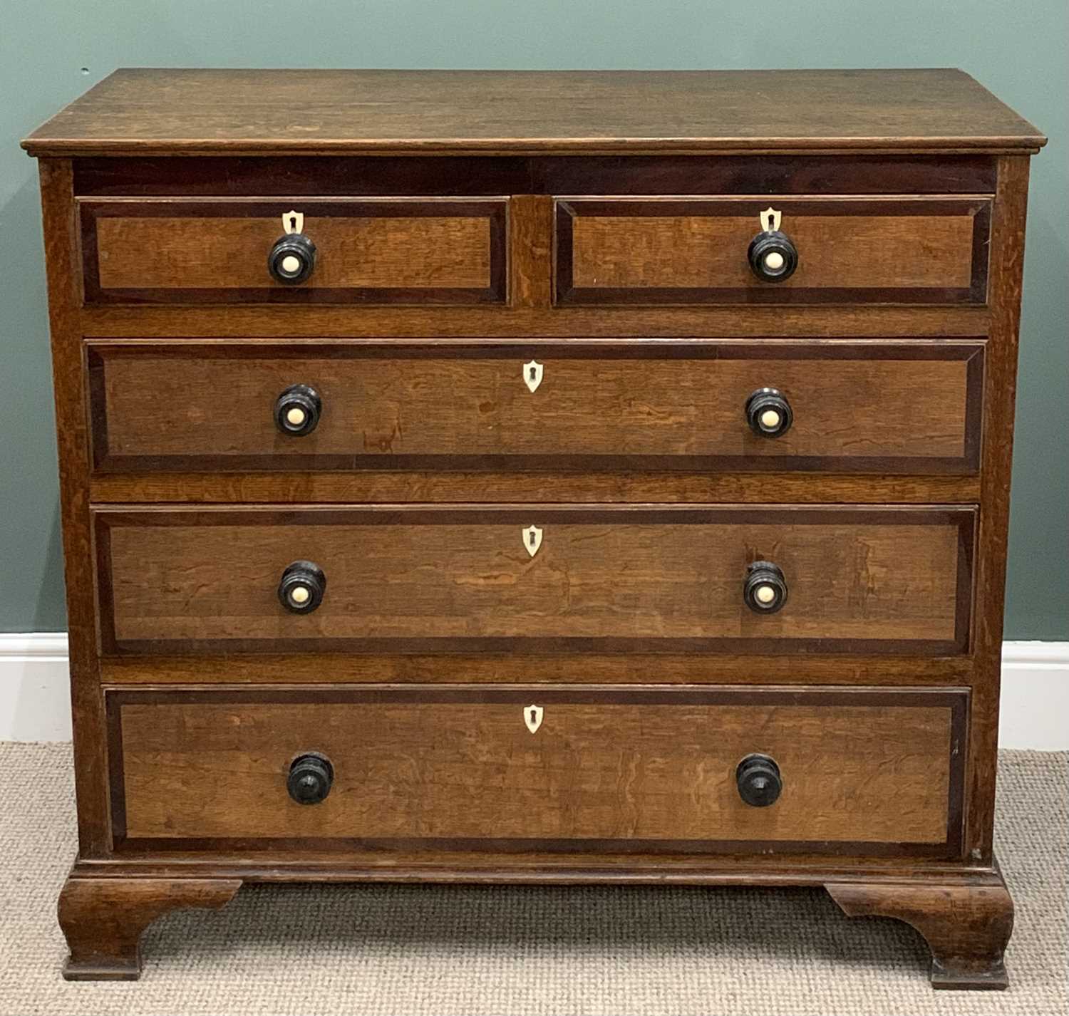 ANTIQUE OAK & CROSS BANDED MAHOGANY CHEST circa 1850, two short, three long pine lined drawers,