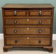 ANTIQUE OAK & CROSS BANDED MAHOGANY CHEST circa 1850, two short, three long pine lined drawers,