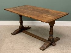 REPRODUCTION OAK REFECTORY TABLE, rectangular, planked top, cleated ends, bulbous turned and block