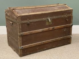 VINTAGE DOMED TOP STEAMER TRUNK, iron strap work, wood strengthening bars, iron carry handles, 63(h)
