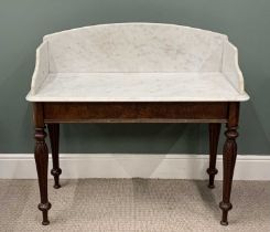 VICTORIAN MAHOGANY MARBLE STOP WASHSTAND, shaped splashback and top in white marble, twin frieze