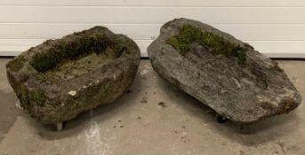 TWO STONE GARDEN TROUGHS, semi-rectangular example, 17 (h) x 56 (w) x 54cms (d), smaller example