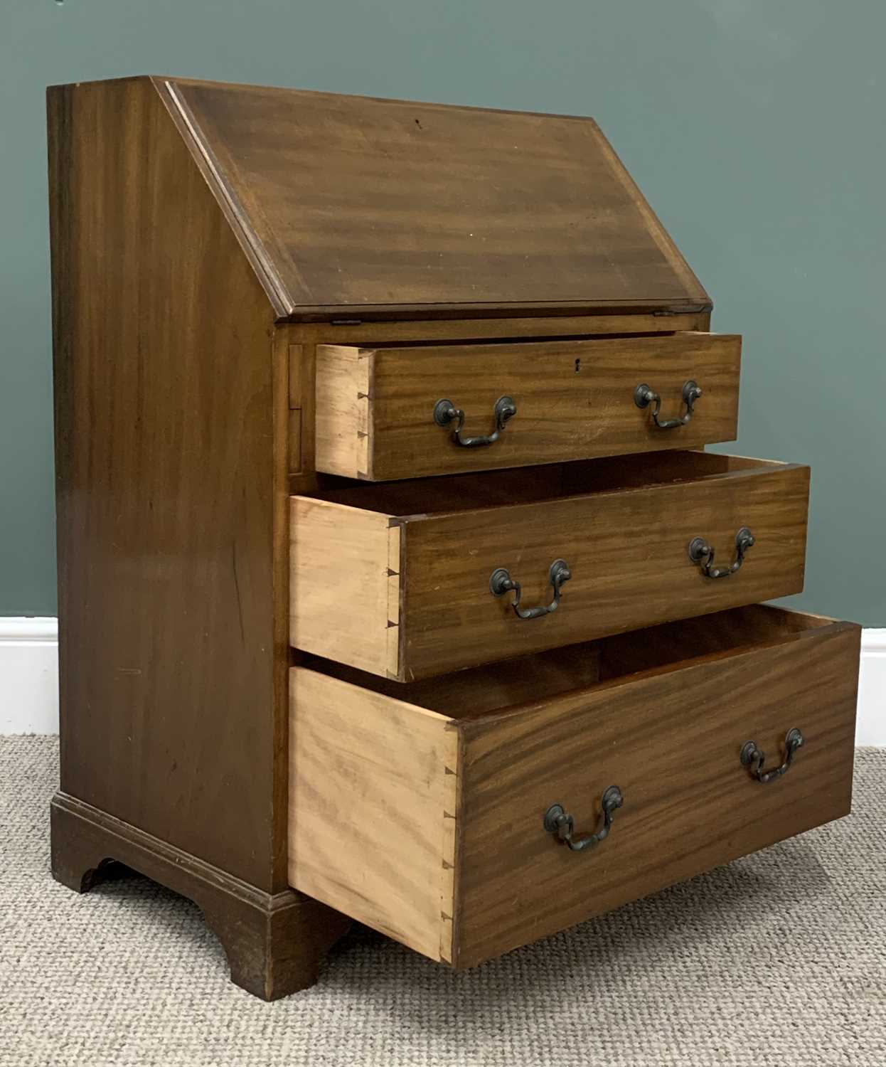 NEAT REPRODUCTION MAHOGANY BUREAU, sloped fall, interior pigeonholes, three long drawers, circular - Image 3 of 4