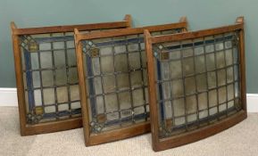 THREE STAINED GLASS WINDOW PANELS, slightly curved oak frames, sash lift type with metal thumb lifts