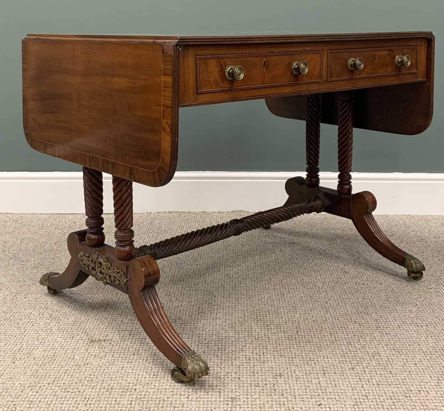 REGENCY STYLE MAHOGANY TWO DRAWER SOFA TABLE, twin flap, turned supports and cross stretcher, reeded - Image 4 of 5