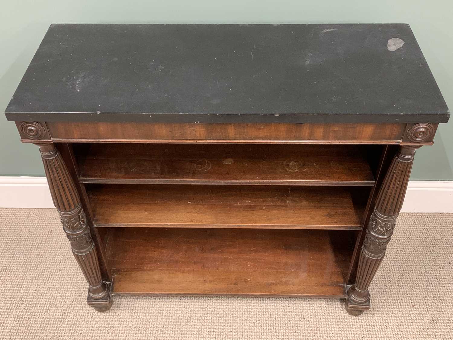 REGENCY MAHOGANY MARBLE TOP BOOKCASE, reeded and carved front pillar detail, rectangular black - Image 2 of 5