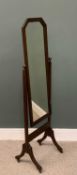 VINTAGE OAK FRAMED CHEVAL DRESSING MIRROR, turned ball caps to the uprights, splayed supports, brass
