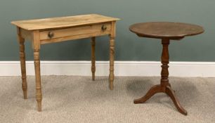 TWO ANTIQUE PINE TABLES, comprising stripped single drawer hall table, shaped front, turned wood