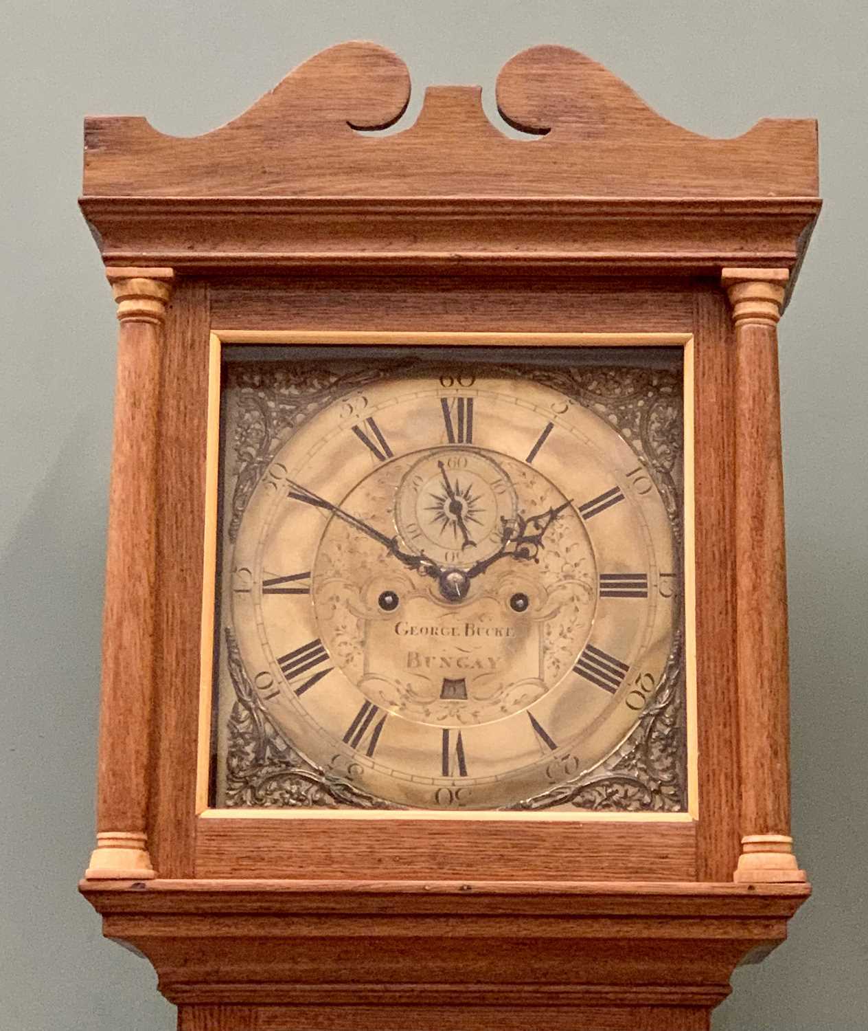 ANTIQUE OAK LONGCASE CLOCK by George Bucke, Bungay, 12in square brass dial, pierced spandrels, Roman