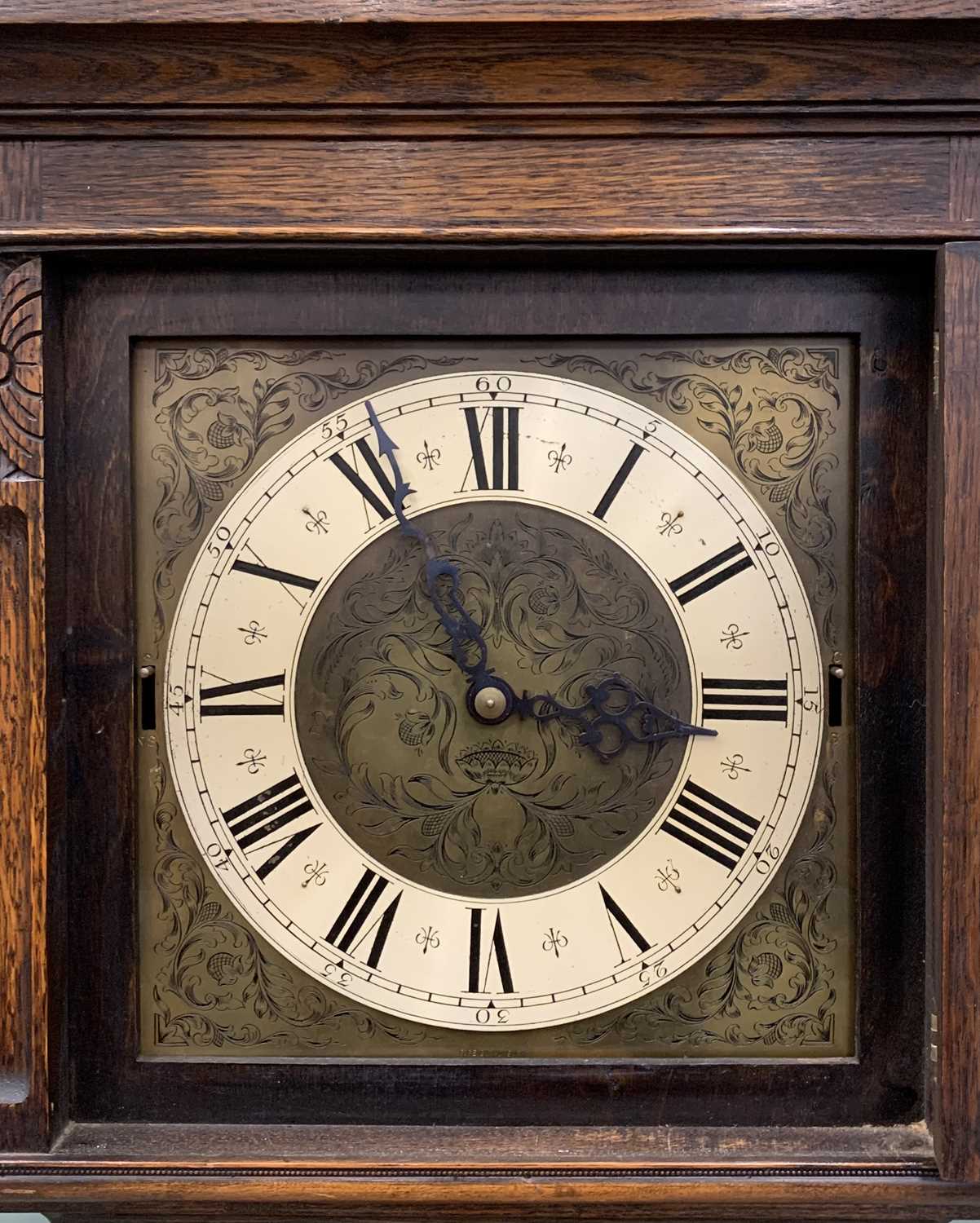 OAK LONG CASE CLOCK, circa 1930, 10.5in square brass dial, silvered chapter ring, Roman numerals, - Image 3 of 9