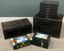 FOUR VINTAGE METALWARE DEED/STORAGE BOXES & A FIVE-DRAWER WOODEN DOCUMENT CHEST, most have side