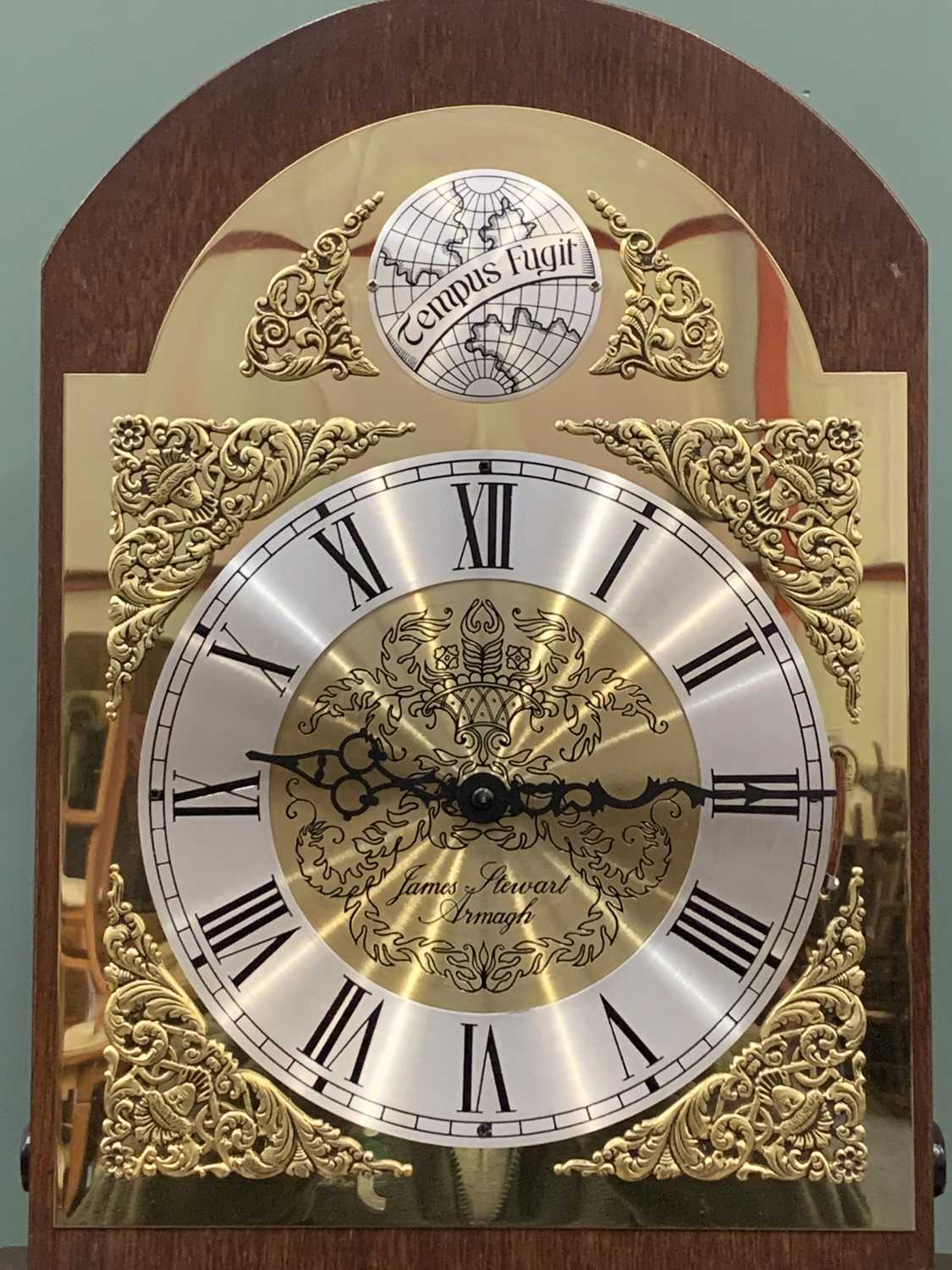 JAMES STUART ARMAGH REPRODUCTION MAHOGANY TRIPLE WEIGHT LONG CASE CLOCK, Tempus Fugit, brass dial, - Image 3 of 6