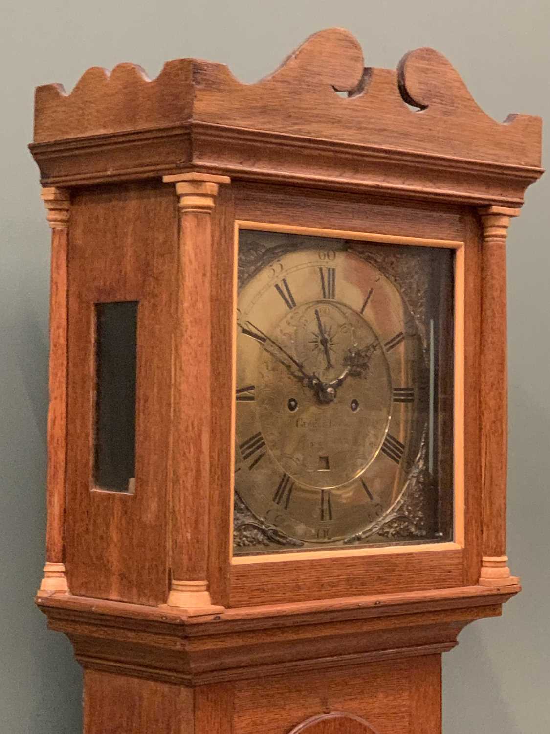 ANTIQUE OAK LONGCASE CLOCK by George Bucke, Bungay, 12in square brass dial, pierced spandrels, Roman - Image 3 of 10