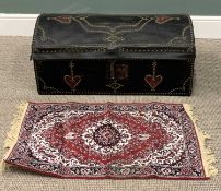 DOMED TOP TRUNK & A PERSIAN PRAYER MAT, reproduction black leather effect, brass studded detail,