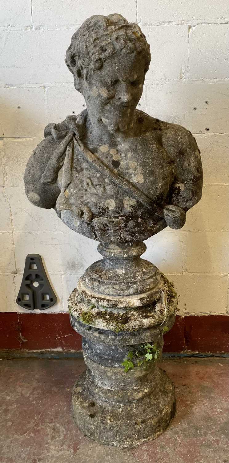 RE-CONSTITUTED STONE ORNAMENTAL GARDEN BUST - on a circular base, 155 (overall h) x 68 (shoulder - Image 2 of 2