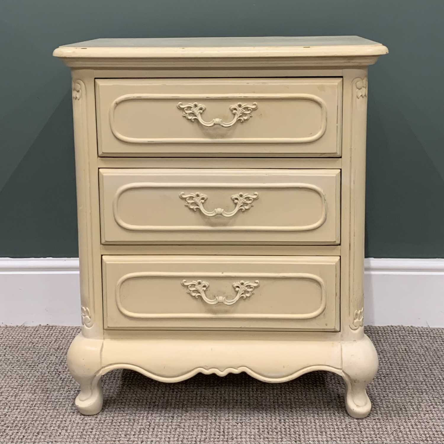 FRENCH STYLE CREAM PAINTED CHEST OF THREE DRAWERS, fancy metal pull-handles, moulded detail,