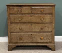 GEORGE IV OAK CHEST, two short, three long pine lined drawers, walnut turned wooden knobs, panel