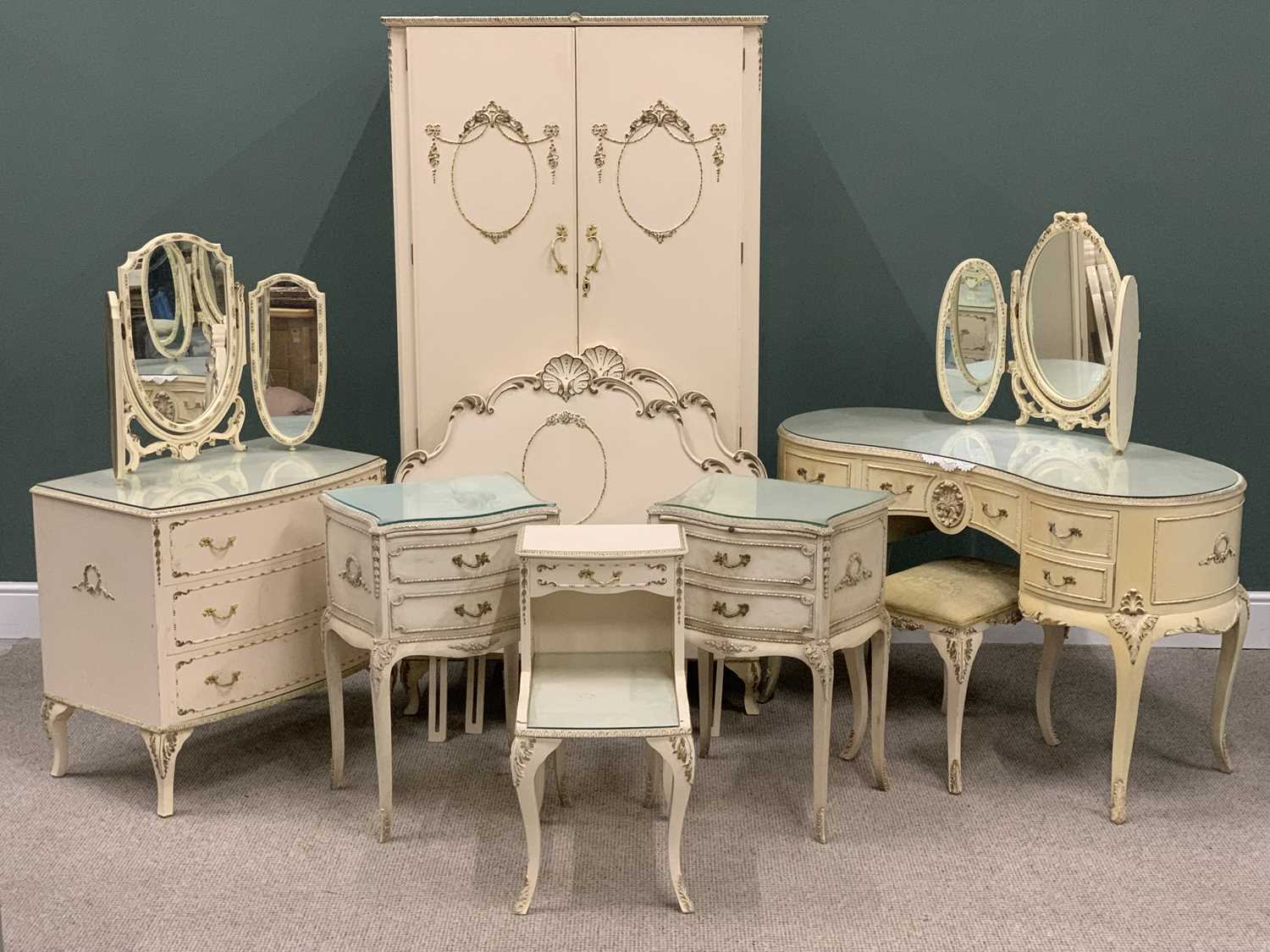 ELEVEN PIECE FRENCH STYLE PAINTED BEDROOM SUITE, comprising two door wardrobe, 180 (h) x 95 (w) x