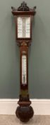 GEORGE V MAHOGANY STICK BAROMETER WITH THERMOMETER, carved details throughout, white enamel