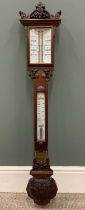 GEORGE V MAHOGANY STICK BAROMETER WITH THERMOMETER, carved details throughout, white enamel