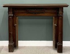 LATE VICTORIAN MAHOGANY FIRE SURROUND, deep mantel shelf, carved and turned reeded capped pillars,
