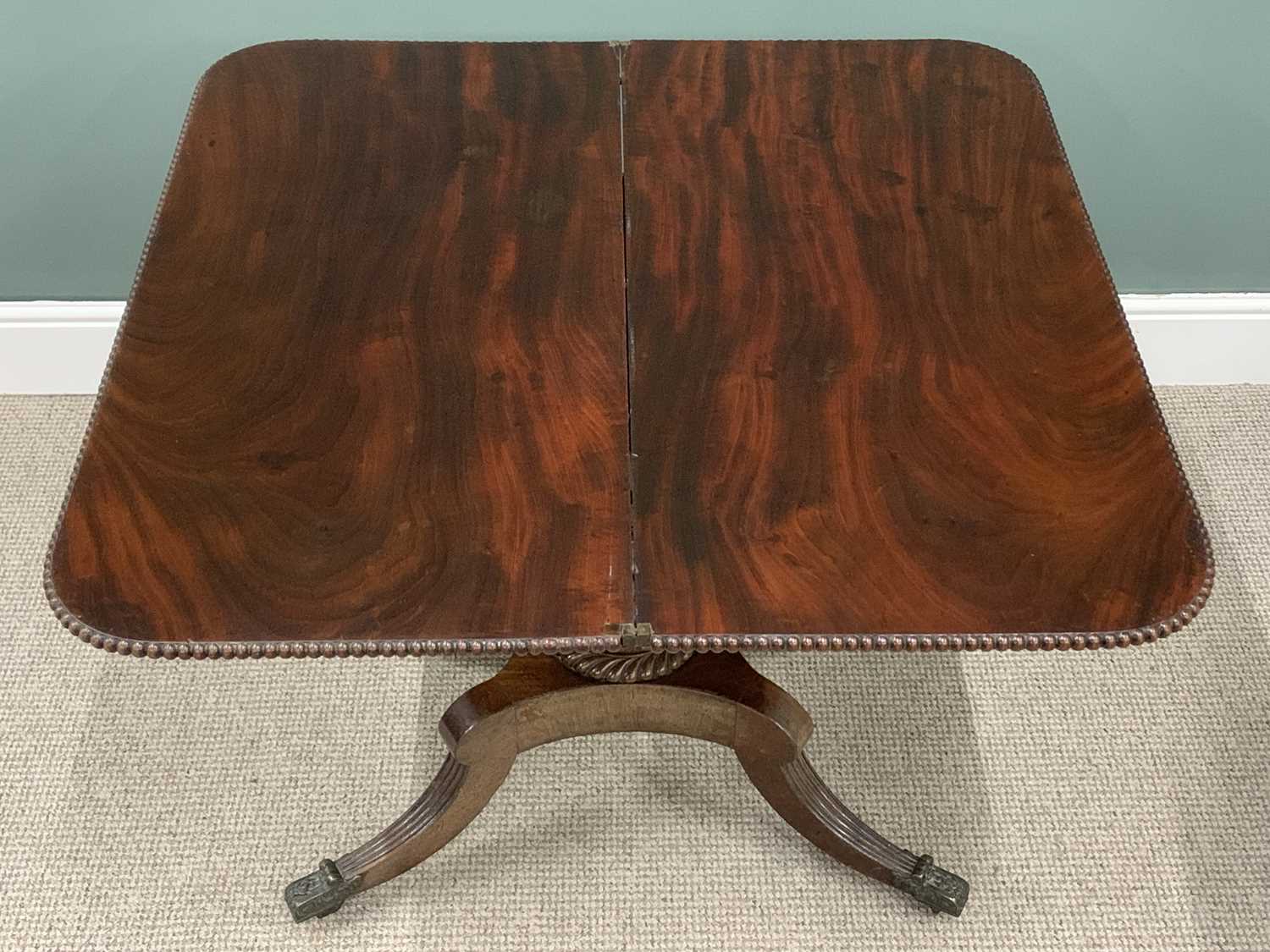 GEORGE IV MAHOGANY FOLD OVER TEA TABLE, swivel action fold over beaded edge top, substantial - Image 2 of 5