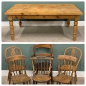 LARGE VICTORIAN STYLE PINE KITCHEN TABLE & HARLEQUIN SET OF SIX FARMHOUSE CHAIRS (5+1), 4cm thick