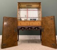 VINTAGE WALNUT COCKTAIL CABINET on a non-matching carved stand, twin opening doors, mirrored