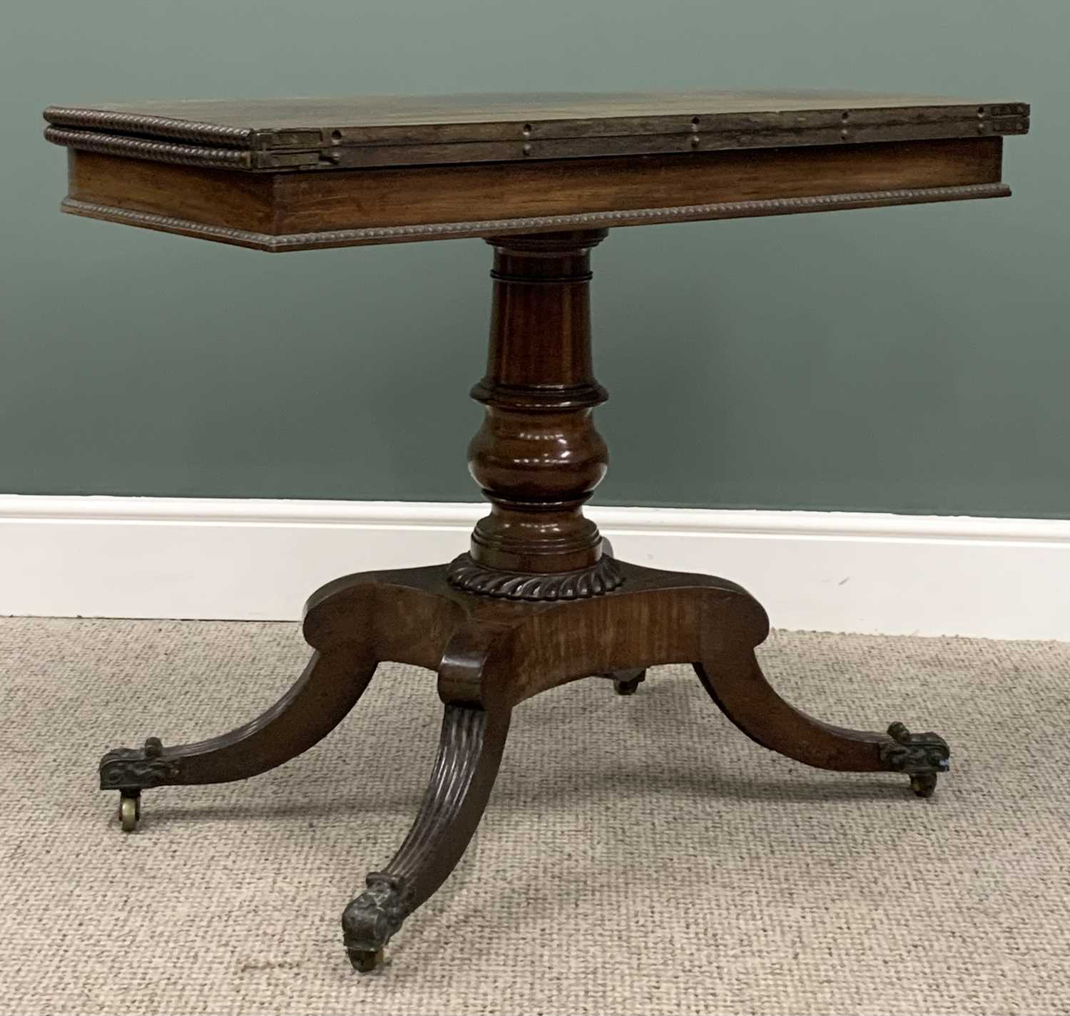GEORGE IV MAHOGANY FOLD OVER TEA TABLE, swivel action fold over beaded edge top, substantial - Image 4 of 5