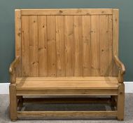 REPRODUCTION PINE SETTLE BACK BENCH, boarded high back, swept arms, turned and block supports, cross