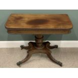 GEORGE IV MAHOGANY FOLD OVER TEA TABLE, swivel action fold over beaded edge top, substantial