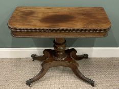 GEORGE IV MAHOGANY FOLD OVER TEA TABLE, swivel action fold over beaded edge top, substantial