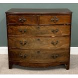 19TH CENTURY BOW FRONT MAHOGANY CHEST, two short, three long pine lined drawers, cockbeaded