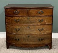 19TH CENTURY BOW FRONT MAHOGANY CHEST, two short, three long pine lined drawers, cockbeaded