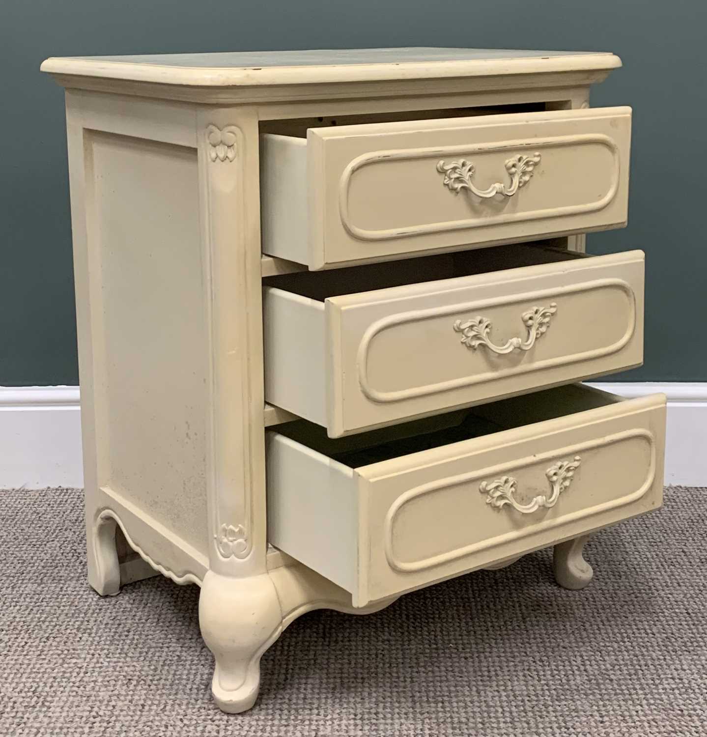 FRENCH STYLE CREAM PAINTED CHEST OF THREE DRAWERS, fancy metal pull-handles, moulded detail, - Image 5 of 5