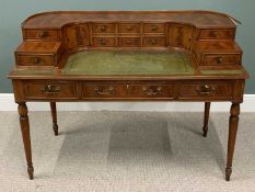 REPRODUCTION MAHOGANY CARLTON HOUSE STYLE DESK, curved cross banded top, multi drawer and cupboard