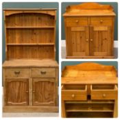 TWO PIECES OF REPRODUCTION PINE KITCHEN FURNITURE, comprising part-stripped dresser, two shelf rack,