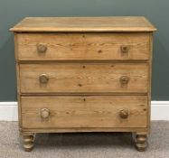 VICTORIAN STRIPPED PINE CHEST, three long drawers, turned wood knobs, turned supports, 87.5 (h) x 92