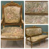 EMPIRE STYLE TWO PIECE GILT WOOD SALON SUITE comprising three seater settee and armchair, fancy