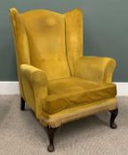 VINTAGE WINGBACK ARMCHAIR, gold draylon upholstery, Queen Anne front supports, 103 (h) x 81 (w) x