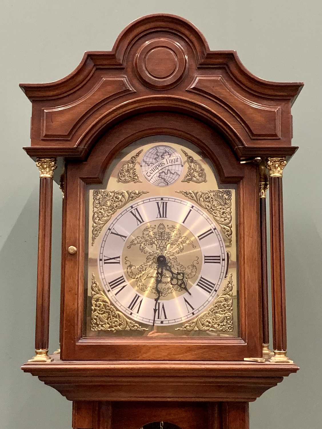 JAMES STUART ARMAGH REPRODUCTION MAHOGANY TRIPLE WEIGHT LONG CASE CLOCK, Tempus Fugit, brass dial,