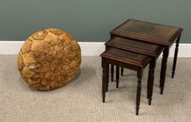 LEATHER CIRCULAR POUFFE & REPRODUCTION NEST OF THREE OCCASIONAL TABLES, crossbanded tops, glass