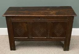 ANTIQUE OAK LIDDED COFFER, circa 1780, peg joined construction, interior candle box, carved detail