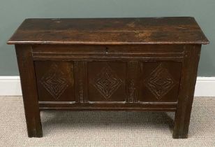 ANTIQUE OAK LIDDED COFFER, circa 1780, peg joined construction, interior candle box, carved detail