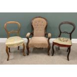 THREE VICTORIAN SALON/PARLOUR CHAIRS, comprising button back upholstered spoon-back arm chair,