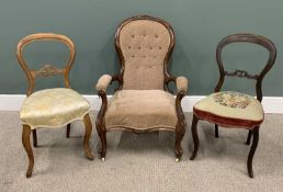 THREE VICTORIAN SALON/PARLOUR CHAIRS, comprising button back upholstered spoon-back arm chair,