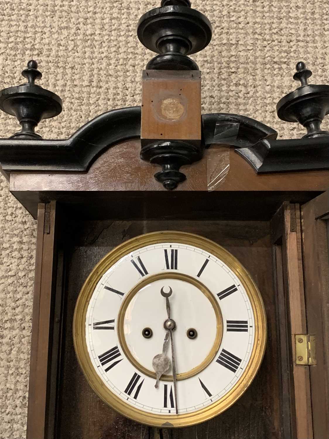 LATE VICTORIAN VIENNA TYPE WALL CLOCK, walnut and ebonised case, white dial, Roman numerals, twin - Image 3 of 6