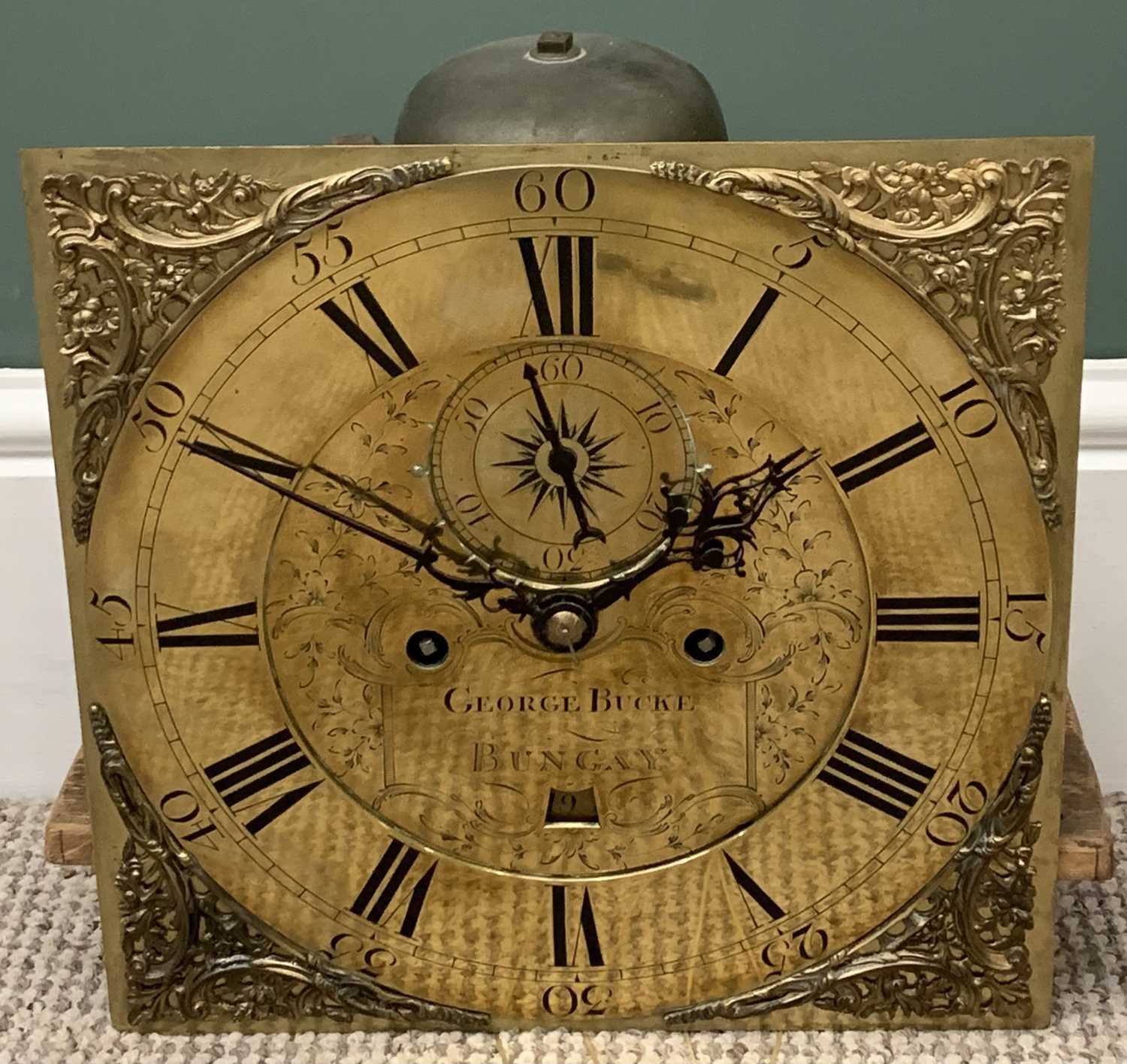 ANTIQUE OAK LONGCASE CLOCK by George Bucke, Bungay, 12in square brass dial, pierced spandrels, Roman - Image 7 of 10