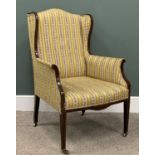 EDWARDIAN INLAID MAHOGANY WINGBACK ARMCHAIR, Regency stripe upholstery, tapering square front