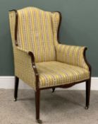 EDWARDIAN INLAID MAHOGANY WINGBACK ARMCHAIR, Regency stripe upholstery, tapering square front